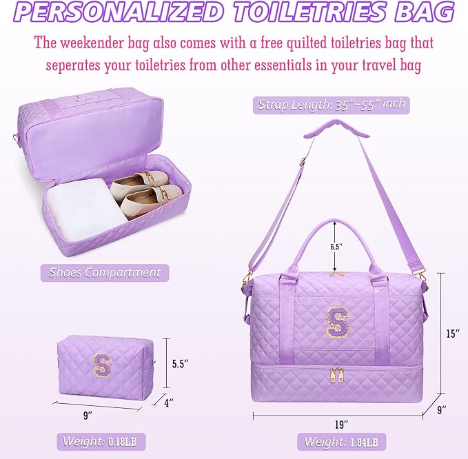 Teenager Girl Initial Travel Duffle Bag Quilted Weekender Bags Carry-On Overnight with Cosmetic Bag, Gym Bag with Shoe Compartment Hospital Bag for Women Labor Delivery, Purple-S - Image 7
