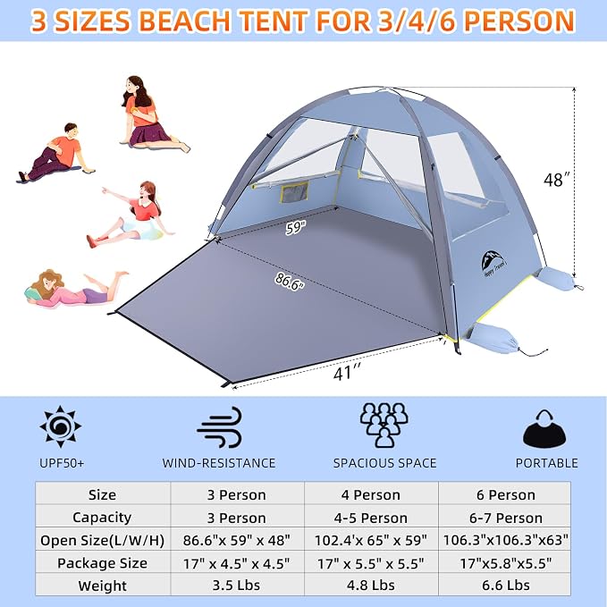 Happy Travel Beach Tent Sun Shelter for 3/4/5/6/7/8 Person, Portable UPF 50+ UV Protection Beach Shade Canopy for Family & Baby, Lightweight & Easy Setup Beach Cabana with 3 Ventilation Mesh Windows - Image 7