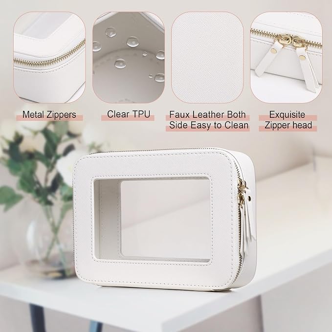 Pinkmik Clear Makeup Bag for Women Waterproof Travel Cosmetics and Toiletries Case Portable Makeup Oaganizer Bag Clear Car Bag with Zipper (White, M) - Image 5