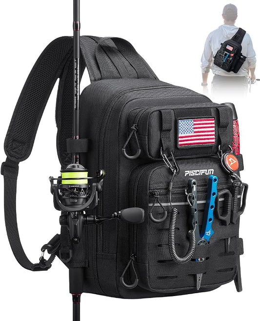 Piscifun Fishing Backpack Tackle Bag with 2 Rod Holders, Multi-Compartment Storage, MOLLE System, Water-Resistant Lightweight Outdoor Pack by Piscifun