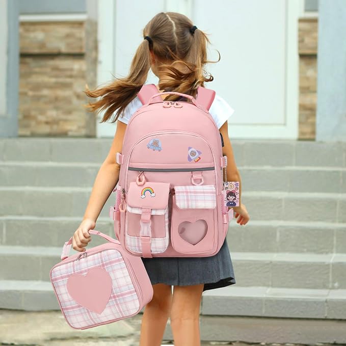 ACESAK Backpack for Girls with Headphones - Girls Backpack with Lunch Box, Pencil Case & Kids Headset - 3.5mm Wired Headphones for School Bookbag Schoolbag Set Back To School Gift (Pink) - Image 7