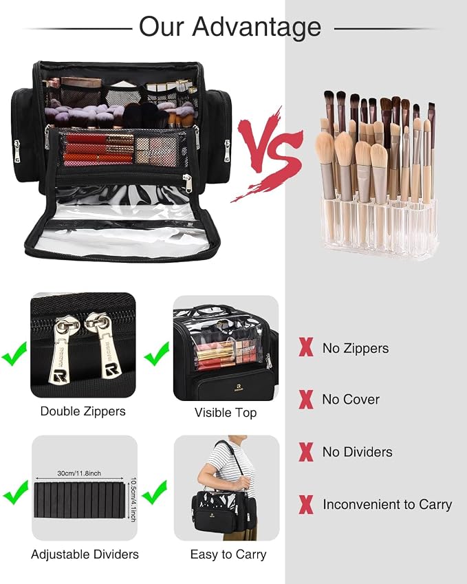 NAONAYA Makeup Brush Bag Extra Large Makeup Brush Case with 4 small bags Professional Makeup Artist Brush Holder Stand Up Organizer for Travel with Adjustable Dividers and Shoulder Strap - Image 7