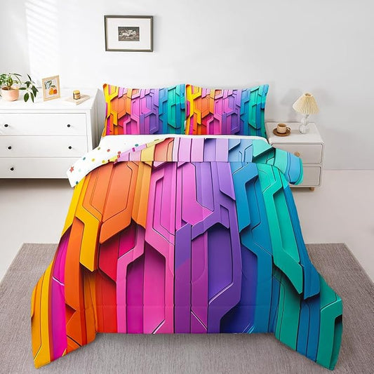 Erosebridal Rainbow Comforter Set Geometric Stripes Duvet Sets for Kids Girls Teens Women Bedroom, Soft Microfiber Down Comforter Luxury All-Season Bedding Set 3 Pcs with 2 Pillow Cases, Full Size by Erosebridal