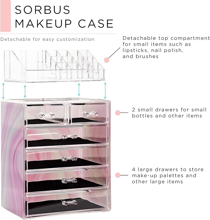 Sorbus Acrylic Makeup Organizer Set, 6-Drawer Vanity & Countertop Cosmetic Storage with Small & Wide Compartments, Tie Dye Makeup Storage for Brushes, Jewelry – Holiday Gift for Women & Teens - Image 4