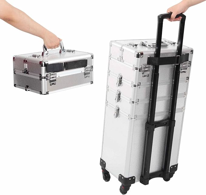 4 in 1 Rolling Makeup Train Case, Large Storage Cosmetic Trolley Makeup Travel Case with Key & Wheels Salon Barber Case Traveling Cart Trunk (SILVER) - Image 5