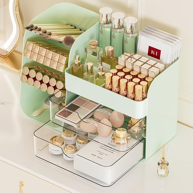 Booklov Small Makeup Organizer for Vanity and Bathroom Countertop, Green | Clear Acrylic Cosmetic Display Case, Beauty Brush Holder for Dresser Counter Skincare Eyeshadow Lipstick Perfume Storage by Booklov
