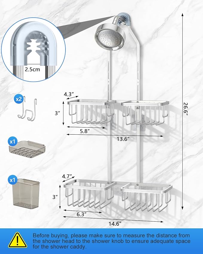Adjustable Shower Caddy Hanging for Handheld Showerheads - Never Rust Shower Hanging Organizer, Upgraded Bathroom Shower Rack with Soap Basket, Hooks and Toothbrush Holder (Silver) - Image 2