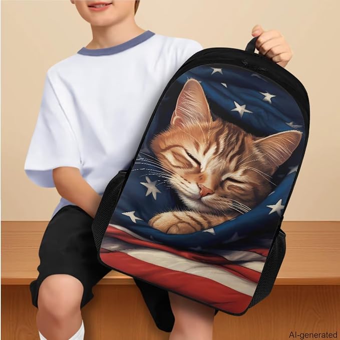 American Flag Cat Backpack for Girls Boys Backpack with Lunch Box Water Bottle Holder and Soft Pencil Pouch 4PCS Set Cute Bookbag with Compartments for School 17 inch Large School Bag for Kids - Image 3