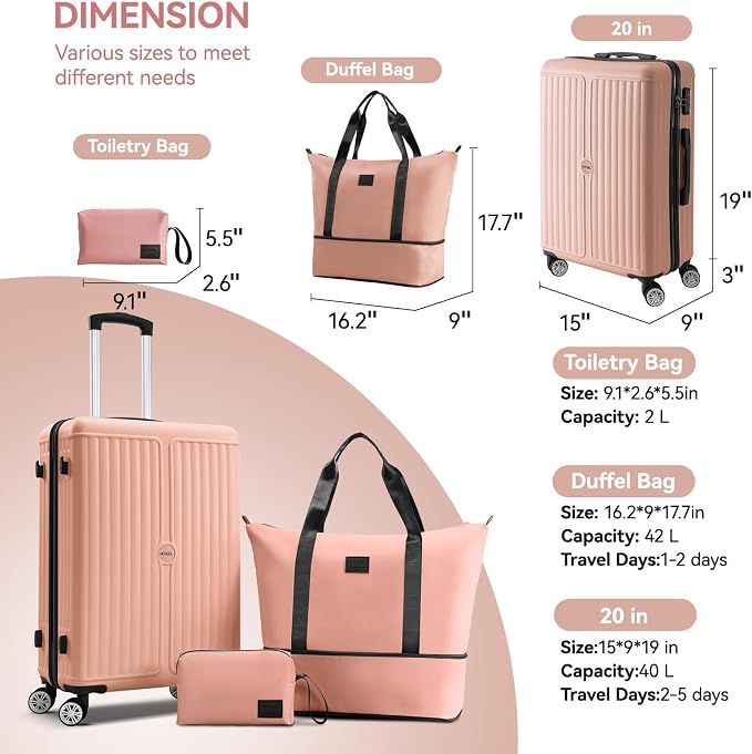 Hoteel 20 Inch Luggage Set 3 Piece, Hardside Carry On Suitcase with TSA Lock and Spinner Wheels, Includes Expandable Duffel Bag and Toiletry Bag, Lightweight ABS+PC, Pink - Image 7