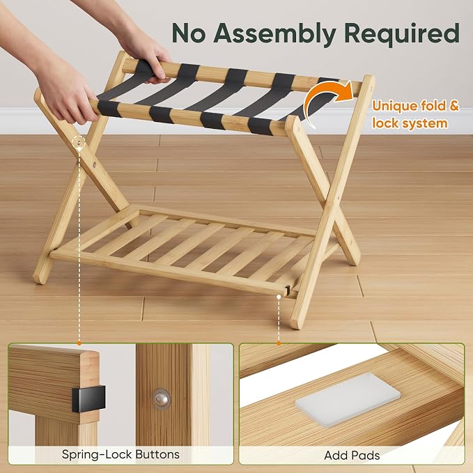 Smart FENDEE Fully Assembled Luggage Racks Pack of 2, Folding Suitcase Stand with Storage Shelf, Bamboo Luggage Stand with 5 Nylon Straps for Guest Room, Bedroom, Heavy Duty, Natural - Image 4