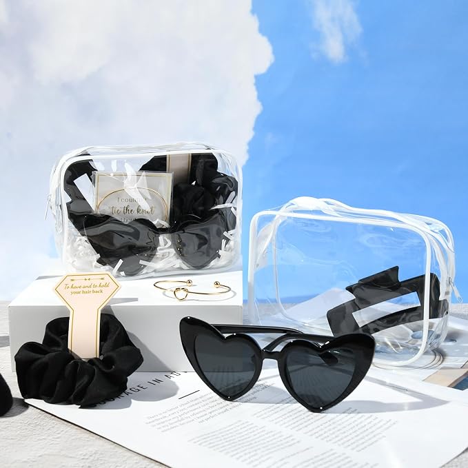 DEEKA 30 Pcs Bridesmaid Proposal Bag Set Gift Clear Makeup Toiletry Bag Bachelorette Party Favors Sunglasses Hair Claw Clips Scrunchies Knot Bracelets Bridal Wedding Party Gifts (Black) - Image 8