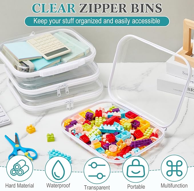Sanwuta 4 Pcs Clear Hard Zipper Case with Handle Office Storage Cases Hard Plastic Pouches Transparent Bins for Crafts, Snacks, Cosmetics, Puzzles(9.8 x 7.9 x 2 Inches,White) - Image 6