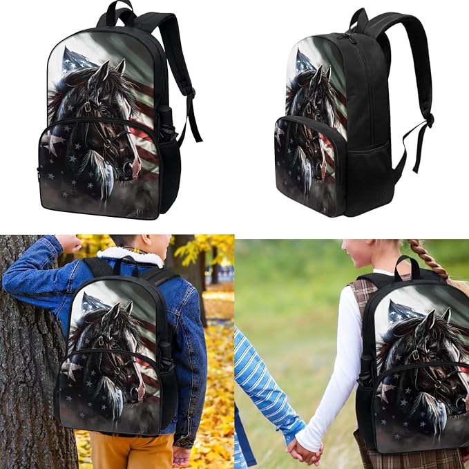 American Flag Horse Backpack Set for Kids Teen Elementary Middle School Book Bag Set Insulated Lunch Tote Bag Pencil Case School Bag 3 In 1 Daypack Knapsack - Image 2