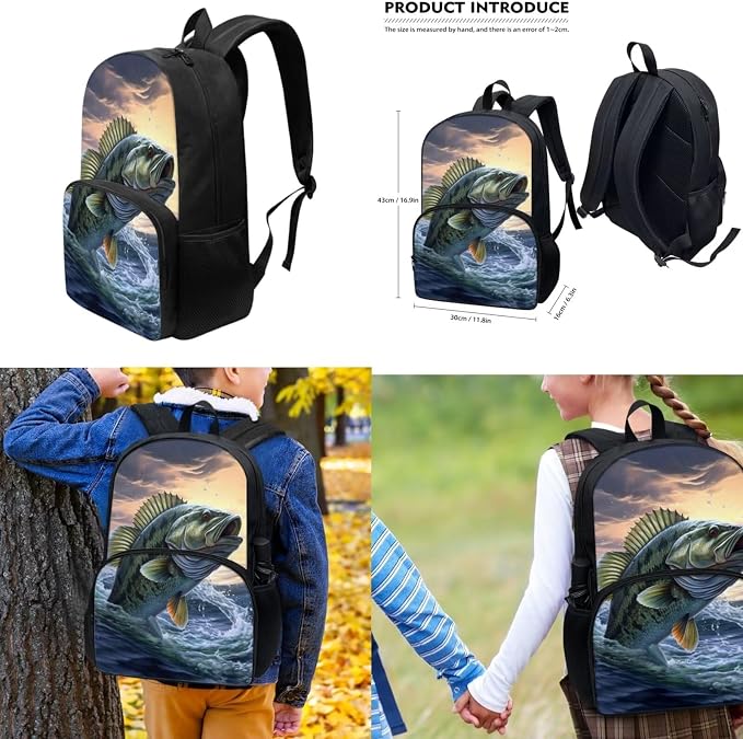 Bass Fish Backpack with Lunch Box and Pencil Case 3Pcs Backpacks Set Lightweight Casual Daypack for Boys Girls 17 inch Kids School Bag, Rucksack - Image 3