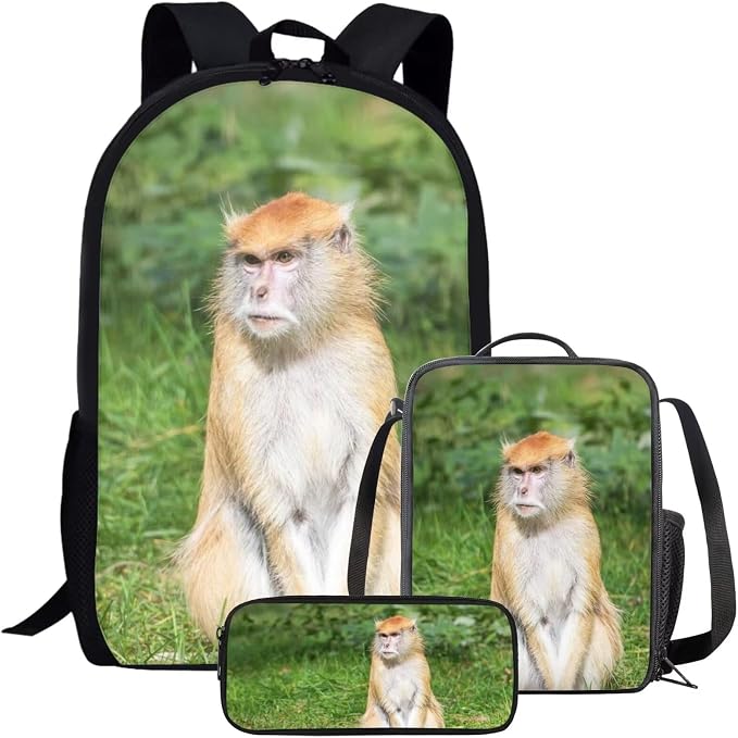 Girls Boys School Backpack with Lunch Box Pencil Case Comfy Padded Lightweight Animal Patas Monkey Backpack Set Kids Cute Bookbag Insulated Lunch Bag Student Large Capacity Daypack 17 Inch by Parprinty