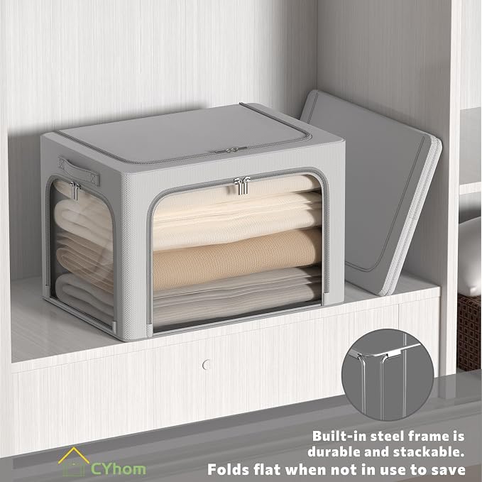 3Pack Clothes Storage Bins - Oxford Frame Storage Box Foldable Stackable Storage Organizer with 3 Openings Design, Metal Frame, Clear Window, Carry Handles (66L-19.7 * 15.7 * 13, Grey) - Image 3