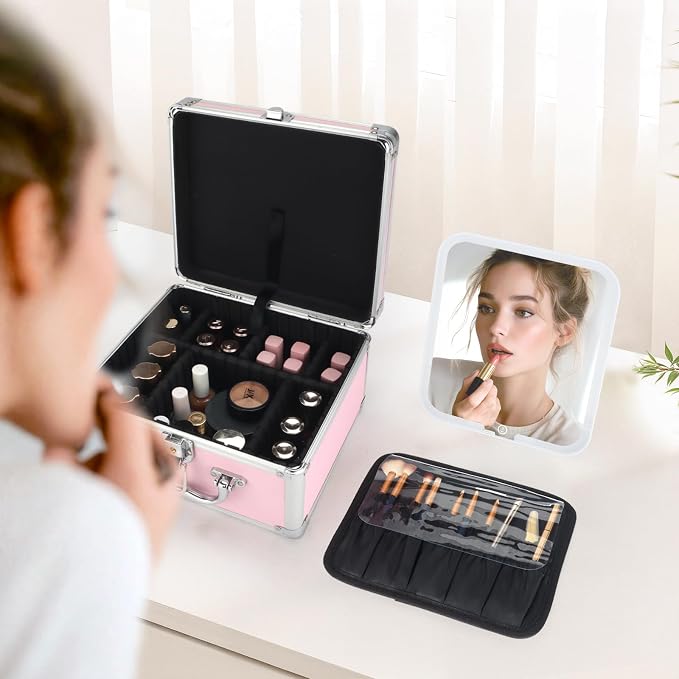 Makeup Case with LED Mirror, Portable Lockable Vanity Case, Travel Makeup Train Box for Women, Cosmetic Organizer, Detachable 3-Color Lighted Mirror, Adjustable Dividers, Brush Holder - Image 8