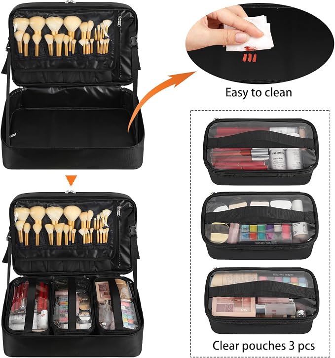 Extra Large Makeup Case, Professional Makeup Train Case for Makeup Artist Traveling Organizer, Double Layer XL Cosmetic Travel Case for Cosmetology with 3 Detachable compartments and 3 Makeup Bags - Image 3