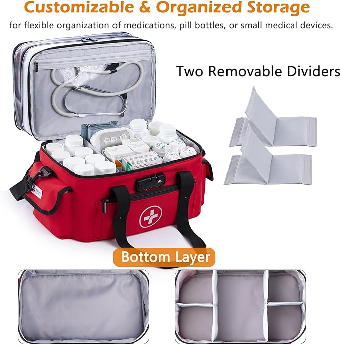 BAGSFY 3-Tier Medicine Organizer with Combination Lock – Large Medicine Bag, Empty First Aid Kit Case, Pill Bottle Medical Supply Organizer, Travel Prescription Bag, Medication Storage Container - Image 4