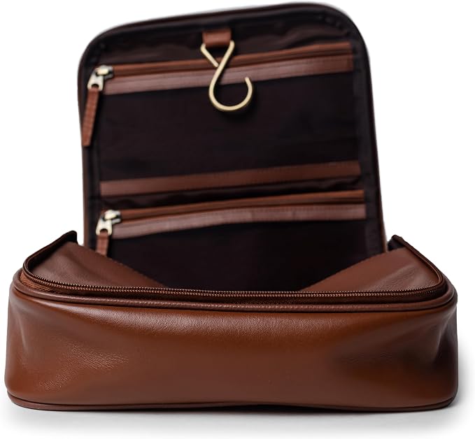 Sutton Handmade Genuine Cowhide Leather Hanging Toiletry Bag Travel Dopp Kit for Men and Women Caramel Brown - Image 2