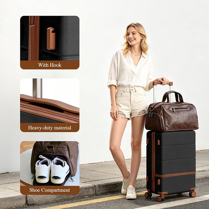 4 Piece Luggage Set, 20/24 inchi Large Checked Hard Shell Suitcase with Spinner Wheels, Vintage PU Leather Weekender Duffel Bag TSA Travel Luggage Set for Family Long Trips(Black) - Image 3
