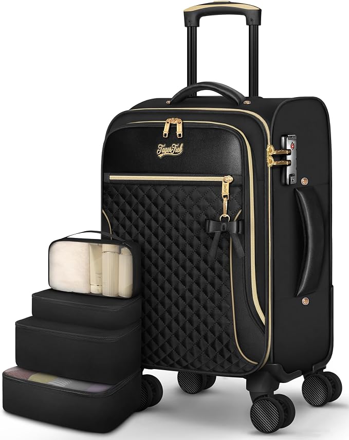 Carry On Luggage 22x14x9 Airline Approved, 20 Inch Softside Suitcase with 4 Pcs, Lightweight Luggage for Women with TSA Lock and 4 Spinner Wheels, Soft Side Carry-on Suitcases for Travel, Black by TagerTrek