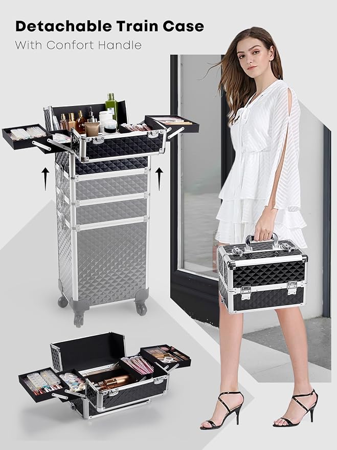 4-in-1 Cosmetology Case on Wheels Portable Rolling Makeup Train Case | Rolling cart for cosmetic supplies, Portable storage for makeup artists/hairstylists/nail technicians/beauty enthusiasts - Image 4