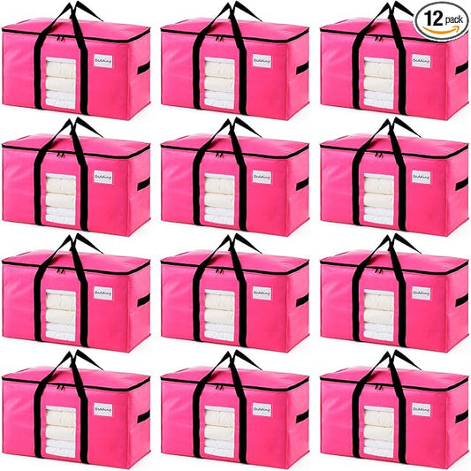 TAILI 12 Pack Pink Extra Large Moving Bags, Heavy Duty Totes with Visible Window, Wrap Around Handles, Space-Saving Storage Solution, Alternative to Moving Boxes by TAILI