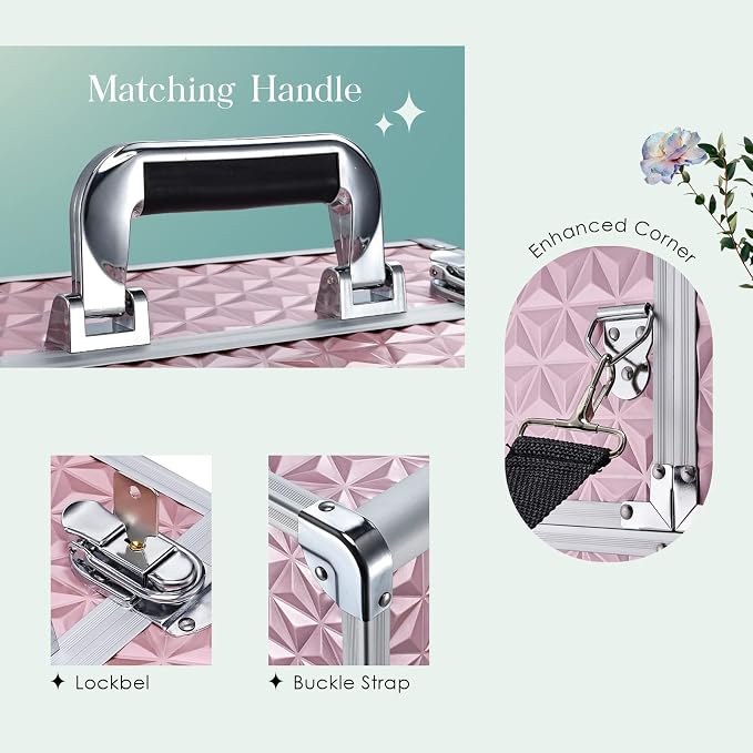 Joligrace Makeup Train Case Professional Cosmetic Organizer Aluminum Storage Box with 4 Adjustable Dividers Trays Lockable Portable with Shoulder Strap - Image 3