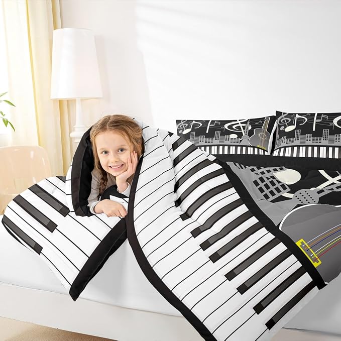 Erosebridal Paino Keys Bedding Set King Size Musical Notes Comforter Set Guitar Rock Music Bedding Comforter for Kids Boys Teens Men Retro Black White Grey Down Comforter Bedroom Decor 3 Piece - Image 6