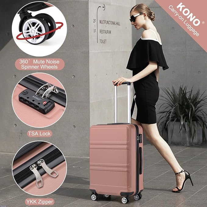Kono 24 Inch Luggage Suitcase with Spinner Wheels TSA Lock | Lightweight PC+ABS Hardside Medium Checked Luggage Durable Rolling Suitcase Nude/Rose Pink - Image 4