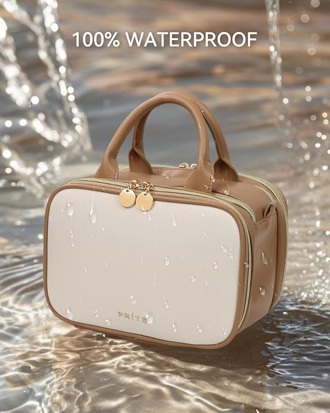 Prite Travel Makeup Bag Women’s Large Capacity Waterproof Cosmetic Organizer Portable Open Flat Toiletry Case with Free-standing Brush Holder and Handle(Beige Brown Medium) - Image 6