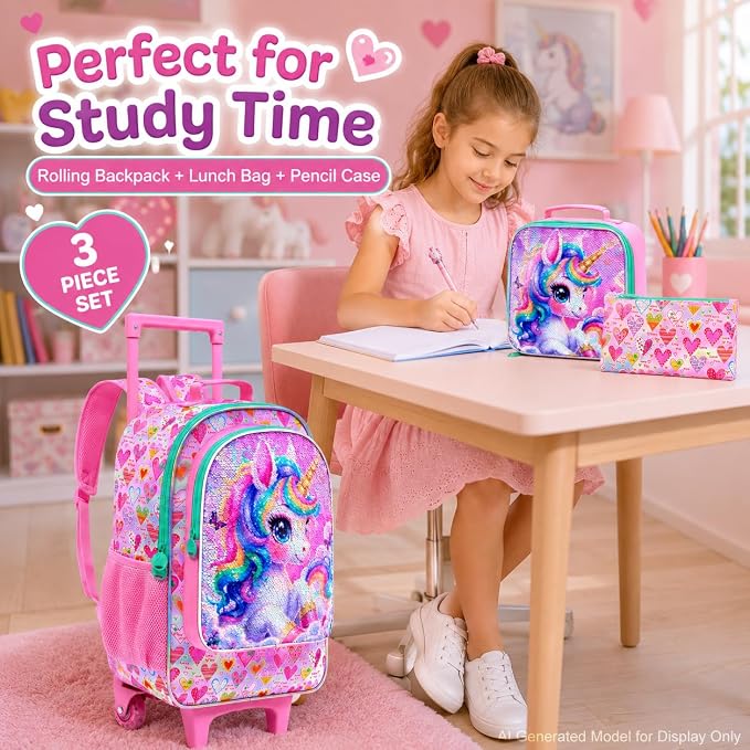 AGSDON 3PCS Rolling Backpack for Girls Boys, Kids Roller Wheels Bookbag, Wheeled School Bag with Lunch Bag - Image 8