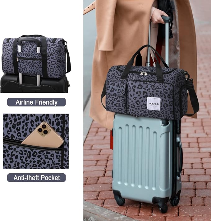 WOOMADA Foldable Travel Duffel Bag with Shoes Compartment, Overnight Bag with Wet Pocket & Trolley Sleeve, Weekender Bags for Women(B-black leopard) - Image 6