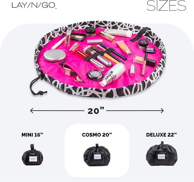 Lay-n-Go Cosmo Layflat Drawstring Cosmetic & Makeup Bag Organizer w/Zipper Pocket, Brush Loops & More, Cinch to Close, Lay Flat to Use, Durable, Machine Wash, Travel Toiletry Bag (20", Black/White) - Image 5