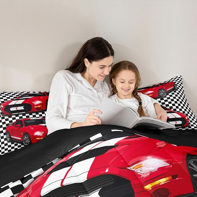 Erosebridal Child Racing Car Comforter Set Race Sports Car Bedding Set Black and White Grid Duvet Sets Automobile Bedding Set Mordern Design Boys Teens Bedroom Decor Down Comforter,Twin - Image 5