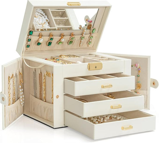 AKOZLIN Large 4-Tier Jewelry Box Leather Jewelry Storage Organizer with 3 Drawers Lockable for Women Girls Ring Necklace Earring Bracelet Watches Holder with Mirror White by AKOZLIN