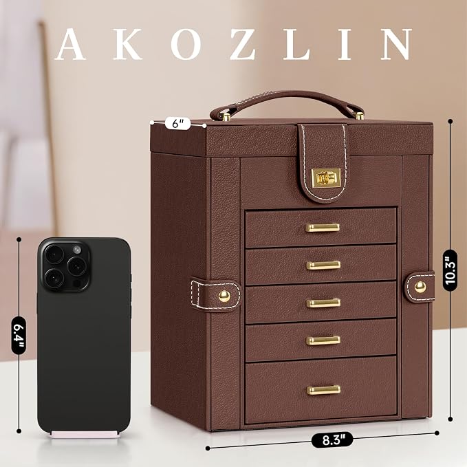 AKOZLIN 6-Tier Jewelry Box Organizer Functional 5 Drawers Leather Jewelry Storage Case for Women Girls Ring Necklace Earring Bracelet Holder Organizer with Mirror Brown Regular - Image 2