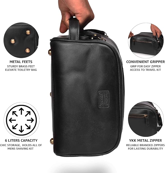 LEATHER VILLAGE Genuine Leather Toiletry Travel Bag With Waterproof Lining - Black | King-Size Handcrafted Vintage Dopp Kit Bag, Shaving & Bathroom Organizer, Gift for Men & Women - Image 5