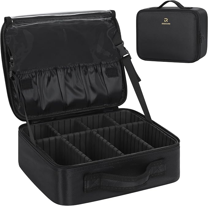 Relavel Makeup Bag Travel Makeup Train Case Large Capacity Cosmetic Case Professional Portable Makeup Brush Holder Organizer and Storage Box with Adjustable Dividers Black by Relavel