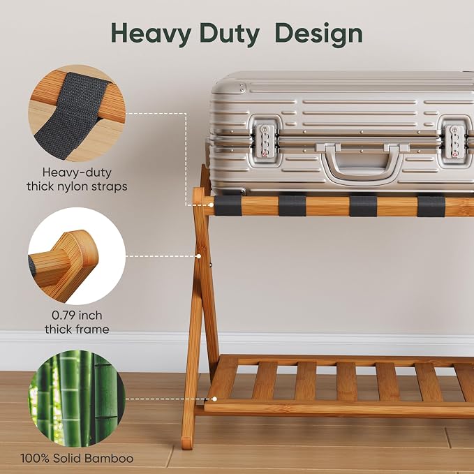Smart FENDEE Pack of 2 Fully Assembled Bamboo Luggage Racks with Shoe Shelf, 5 Heavy-Duty Straps Folding Suitcase Stand, Luggage Holders for Guest Room Must Haves, Ideal for Bedroom, Hotel, Honey Oak - Image 2
