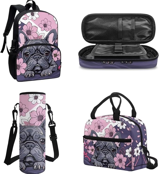 Cartoon Pug Dog Schoolbag Set 4In 1,Pug Dog Purple Floral School Backpack Set with Lunch Box Pencil Bag Bottle Carrier Bag Sling Bags for Boy Girl Middle School Primary Student Bookbag - Image 2