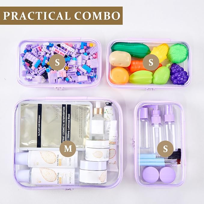 4 pcs Clear Zipper Pouches,Hard Shell Zipper Case, Toiletry Bag for Travel | CLear Diaper Bag, Toiletry Pouch, Travel Organizer, Cosmetic Bag,Toy Storage Bins (M+3S) (Lavender) - Image 3