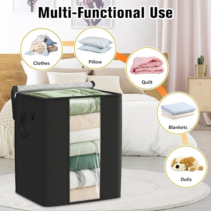 SpaceTrove Clothes Storage Bags, 6-Pack Comforter Blanket Organizers, 80L Large Capacity Containers with Visual Window for Clothing, Quilt, Sheet, Pillow, Closet Organization for Bedding (Black) - Image 5