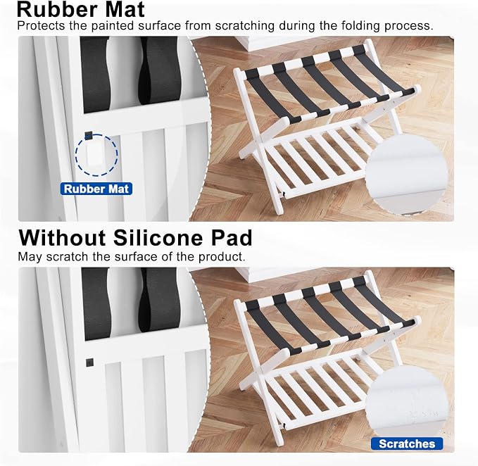 Smuxee Fully Assembled White Luggage Rack Pack of 2, Bamboo Foldable Suitcase Stand with 5 Nylon Straps, Luggage Holder with Shelf for Guest Room Bedroom Hotel - Image 3