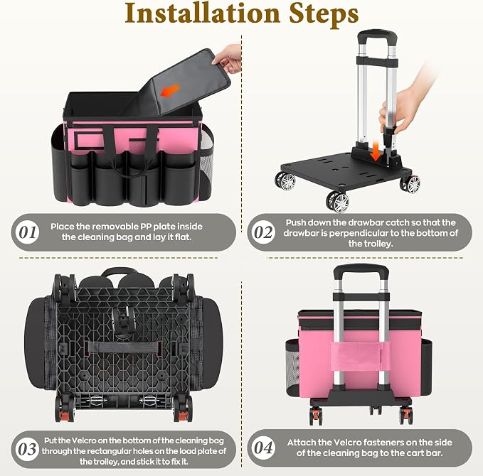 Cleaning Caddy with Wheels - Rolling Cleaning Caddy Bag with Detachable Trolley, Cleaning Caddy for Cleaning Supplies, Cleaning Bag for Housekeeping, Pink - Image 6