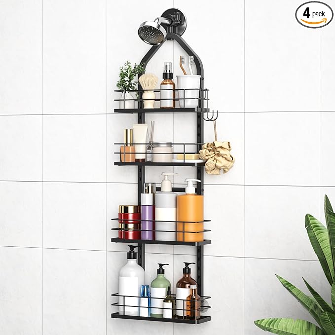 Shower Caddy Hanging (Black), Adjustable Anti-Swing-Over The Shower Head Caddy, 4 Tier Stainless Steel Bathroom Storage Organizer Bathroom Shelves Basket Rack Shower Caddies (4Tier) by Aquohola
