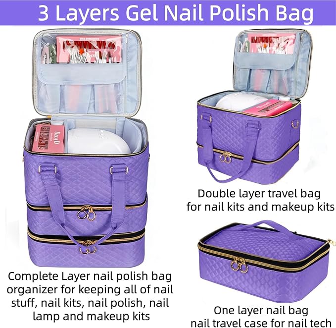 Nail Polish Organizer Bag Hold 84 Bottles(15ml/0.5 fl.oz), 3 Layers Nail Kit Supplies Organizer Bag Travel, Nail Organizers and Storage Case with Holder & Shoulder Strap, Purple - Image 3