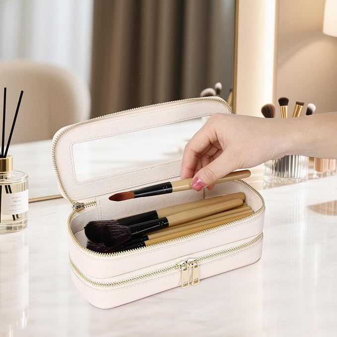 Double Layer Makeup Bag Makeup Brush Case Waterproof Travel Cosmetic & Toiletry Bag Purse Organizer and Car Essentials for Women (Beige, 2-Layer SLIM) - Image 2