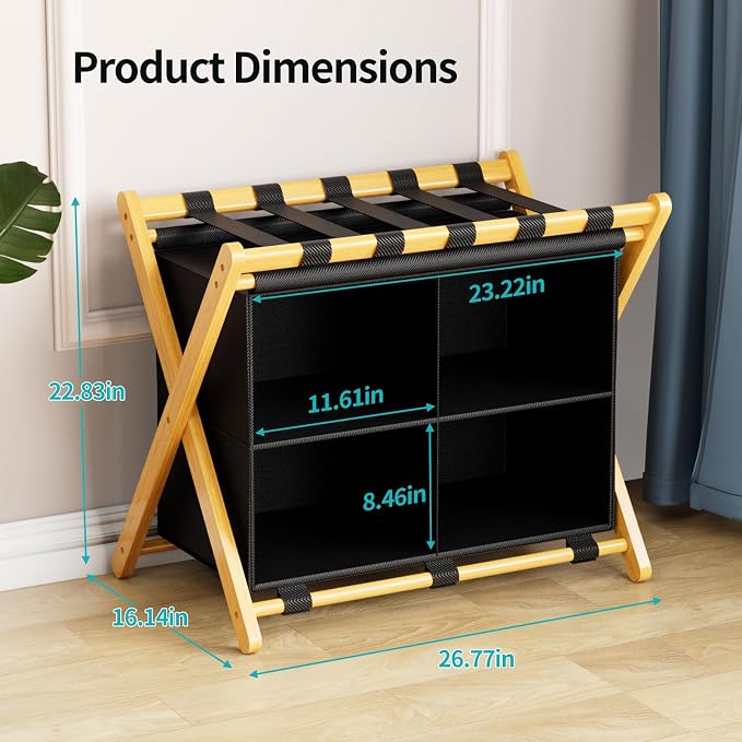 Folding Luggage Rack, 2-Pack Natural Bamboo Suitcase Stands with 4 Storage Compartments , Sturdy Luggage Holders for Guest Room, Bedroom, Hotel - Image 3